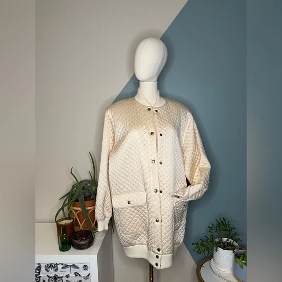 Vintage Saks Fifth Avenue Quilted Silk Bomber Jacket 90s Ivory Cream Women’s M - Picture 2 of 14